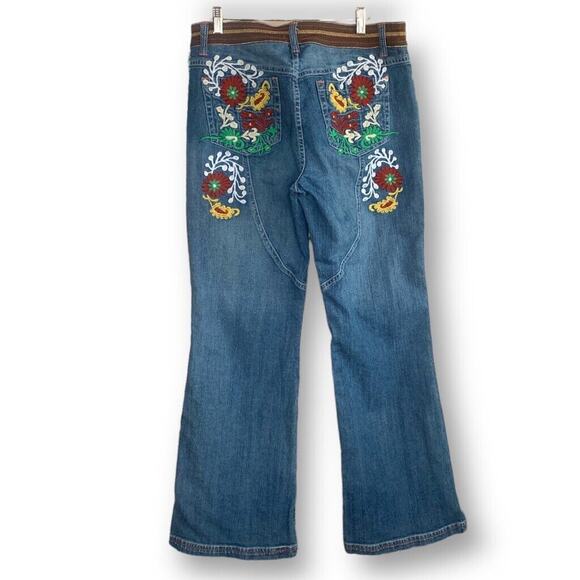 Y2K Jeans Boho Embroidered Denim Pants Colorful Floral Trim Flare Leg 14 Hippie - Picture 1 of 12